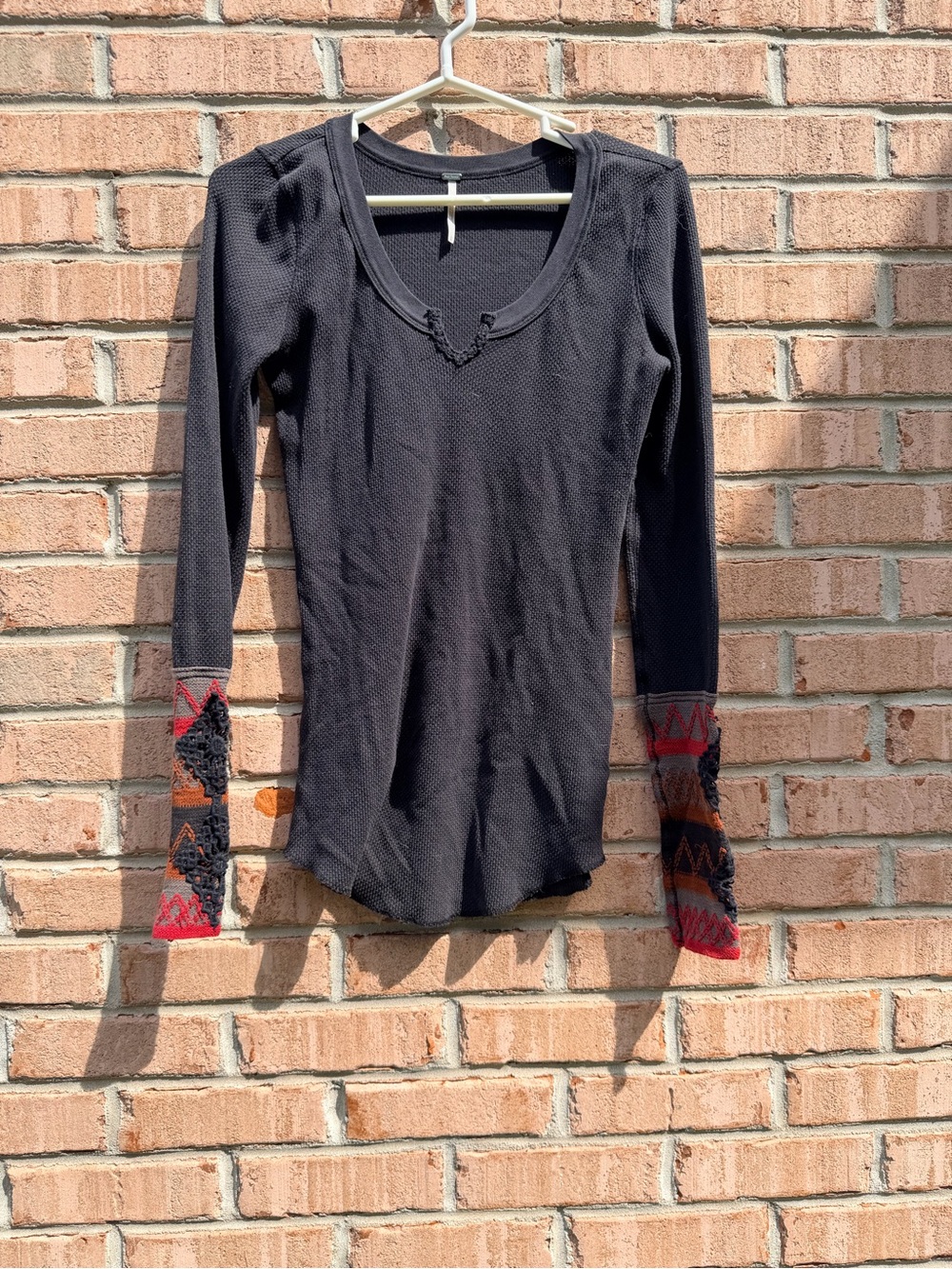 Free People Black Long-Sleeve Thermal Top with Multicolor Cuff Detail